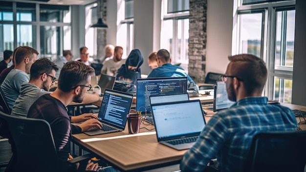 a group man of developers monitors showing lines of code in the office