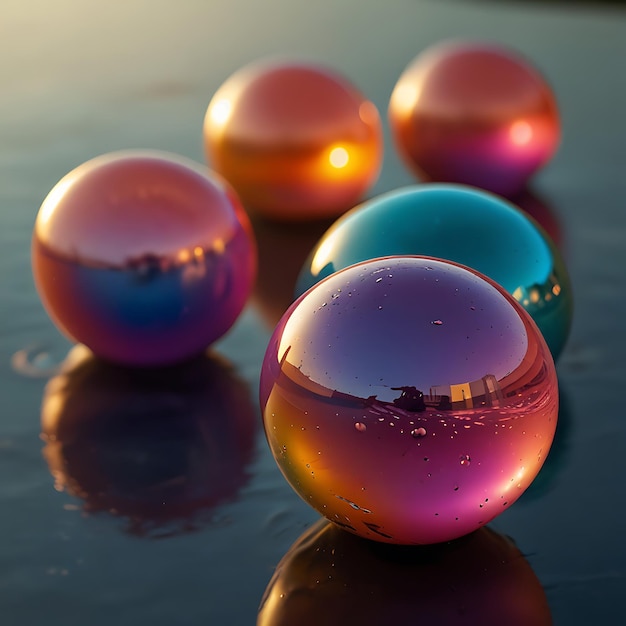 a group of marbles with the reflection of the sky in the water