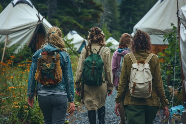 Photo group of mature female friends walking along path through yurt campsite