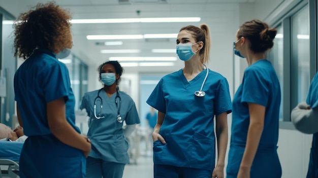 Photo a group of medical personnel in blue uniforms stand in a corridor