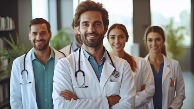 A group of medical professionals standing protection of health idea Generative AI shows a successful medical staff grinning at the camera while standing at a hospital