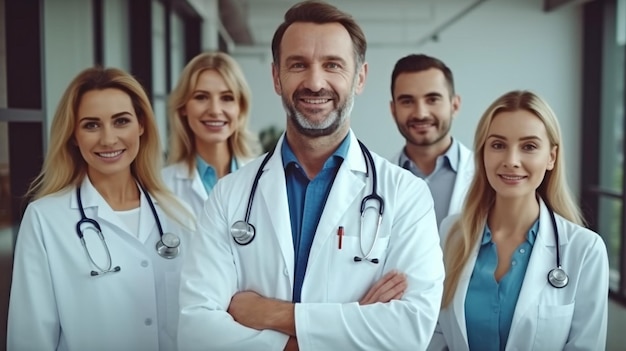 A group of medical professionals standing protection of health idea Generative AI shows a successful medical staff grinning at the camera while standing at a hospital