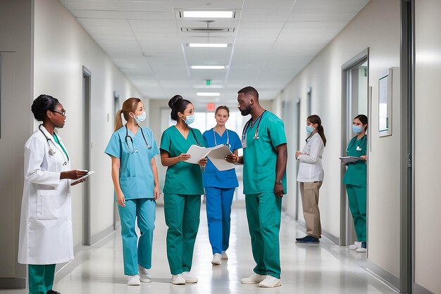 Group of medical staff discussing in clinic hallway Healthcare professionals having discussion in hospital corridor