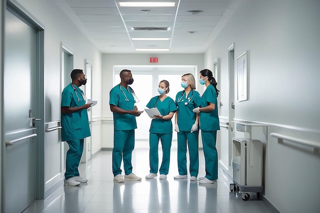 Group of medical staff discussing in clinic hallway Healthcare professionals having discussion in hospital corridor