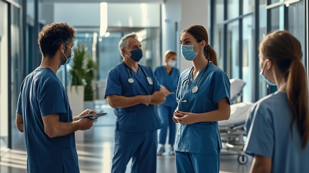 Photo a group of medical workers in blue uniforms and masks are standing in a hospital corridor