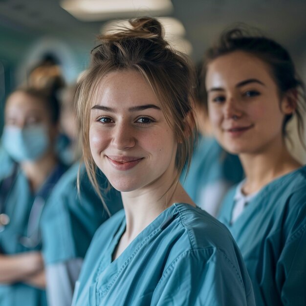 Photo group of medical workers standing in line healthcare team unity and professionalism in medical