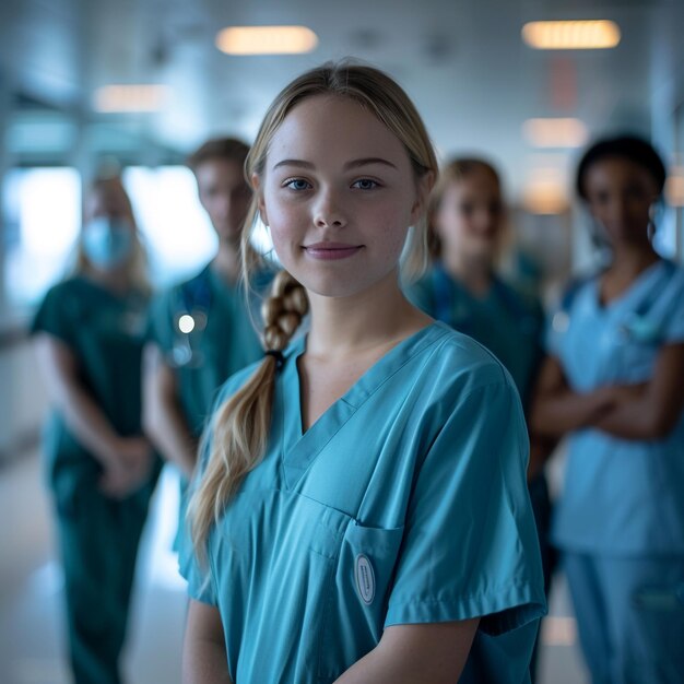 Photo group of medical workers standing in line healthcare team unity and professionalism in medical