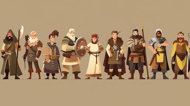 Photo a group of medieval fantasy characters in various styles of clothing