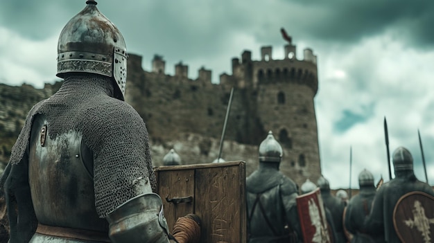 group of medieval knights clad in metal armor stand ready with shields and weapons outside a foreboding stone castle under a cloudfilled sky as if moments away from engaging in a historical battle