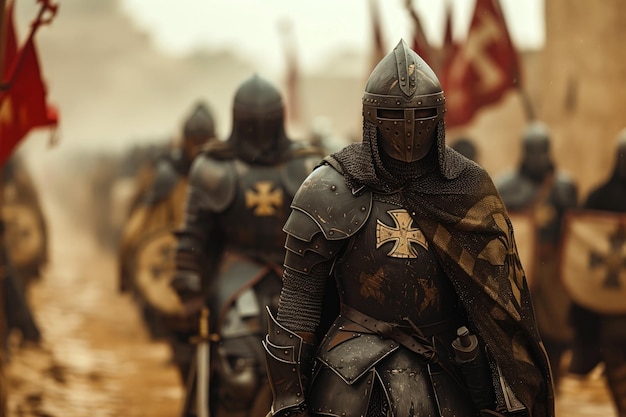 Photo group of medieval templar knights in full armor marching with banners in a misty background