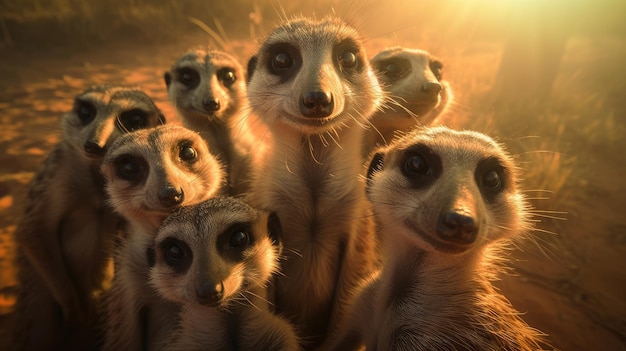 A group of meerkats are looking at the camera.