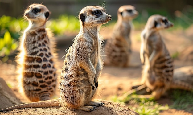 a group of meerkats are sitting on the ground