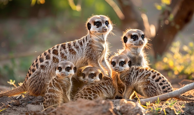 a group of meerkats are sitting together