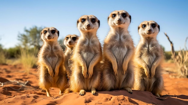 A group of meerkats are standing in the desert