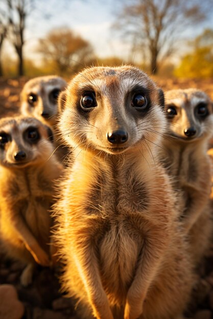 A group of meerkats standing alert on their hind legs watching for danger