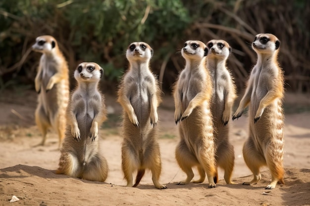 Group of meerkats standing on their hind leg