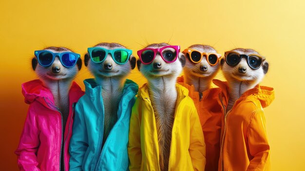 Photo a group of meerkats wearing colorful jackets