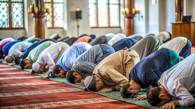 a group of men are doing yoga in a room with one wearing a blue shirt