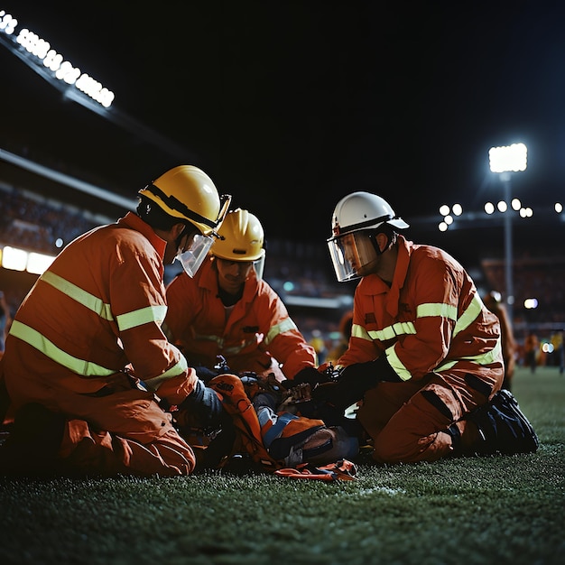 a group of men are on the field one of which is wearing orange