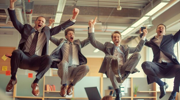 Photo a group of men are jumping in the air with their arms up in the air