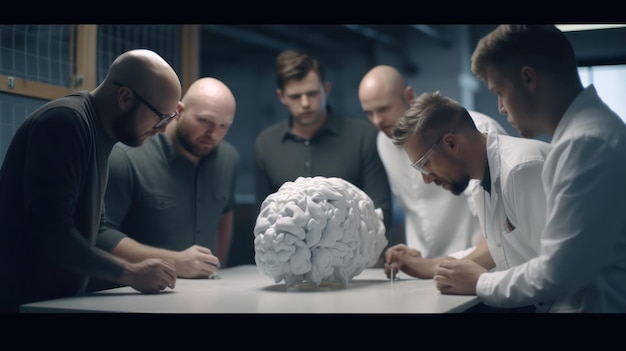 A group of men are looking at a model of a brain.