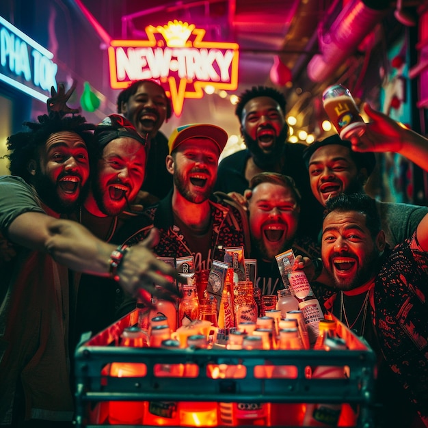 a group of men are posing for a photo with a neon sign that saysyay