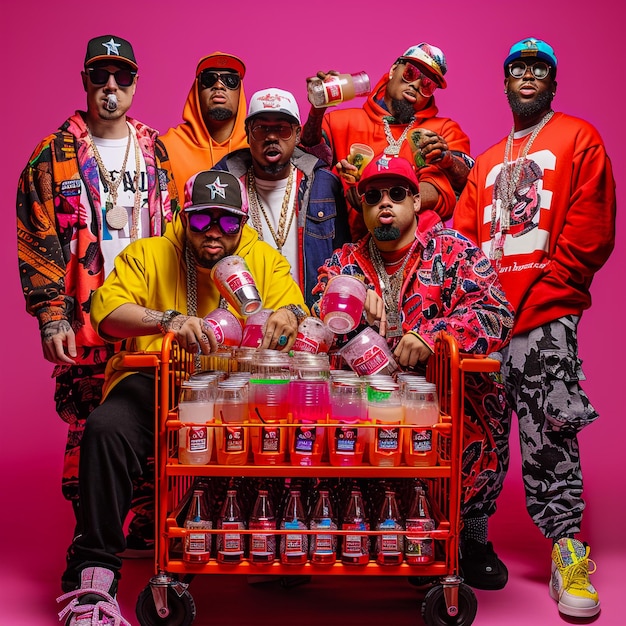 a group of men are posing with a cart full of drinks