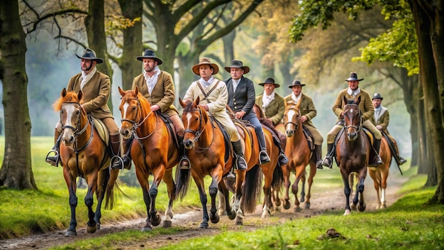 Photo a group of men are riding horses in a line