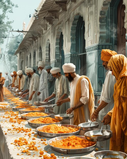 Photo a group of men are serving food outside of a building