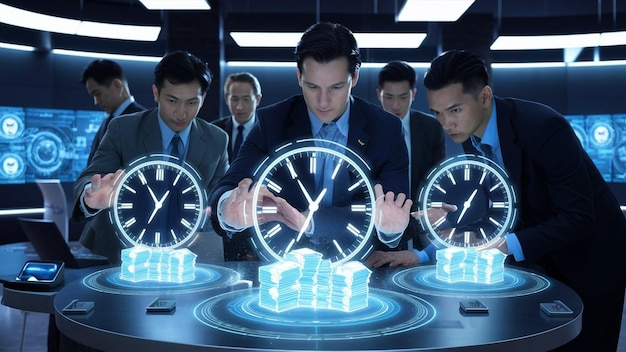 a group of men are sitting around a clock that says quot five minutes quot