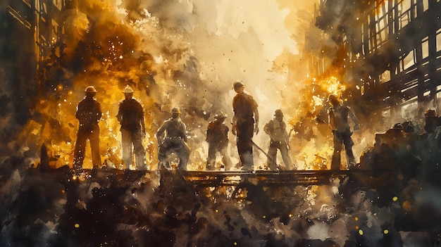 A group of men are standing in front of a building with a lot of smoke