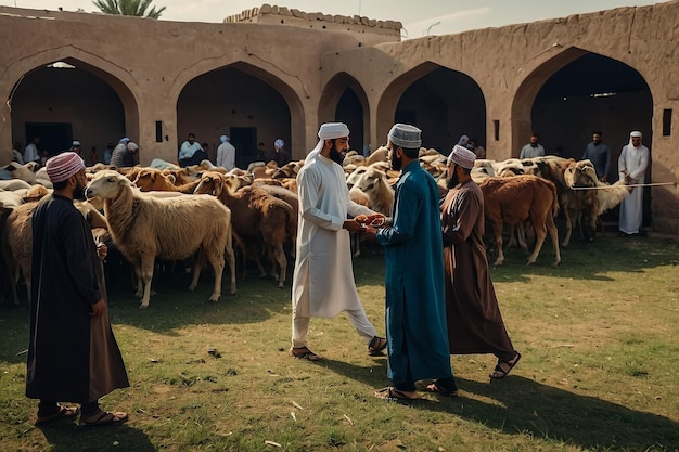 a group of men are walking with sheep in a field