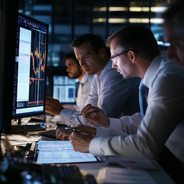 a group of men are working on computers with a graph showing the time of 1  25