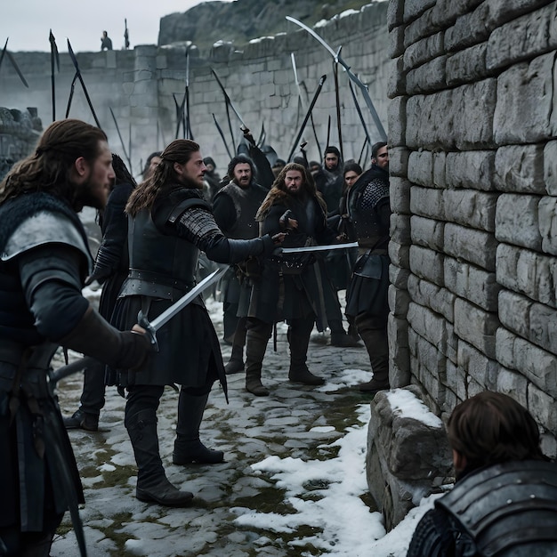 a group of men in armor with swords in front of a stone wall