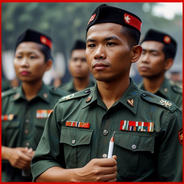 a group of men in army uniforms with a pen in their hand