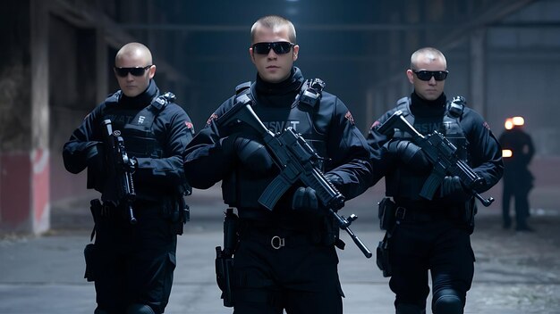 Photo a group of men in black uniforms with guns and guns