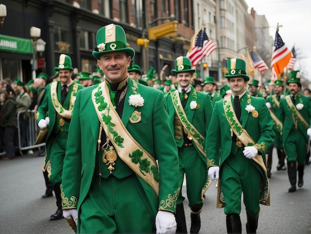 a group of men in green suits and hats marching down a street