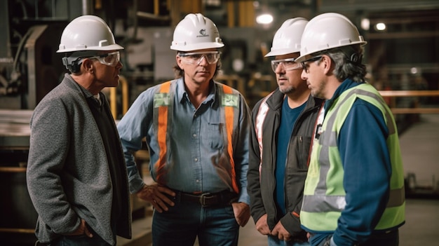 A group of men in hard hats stand in a factory.