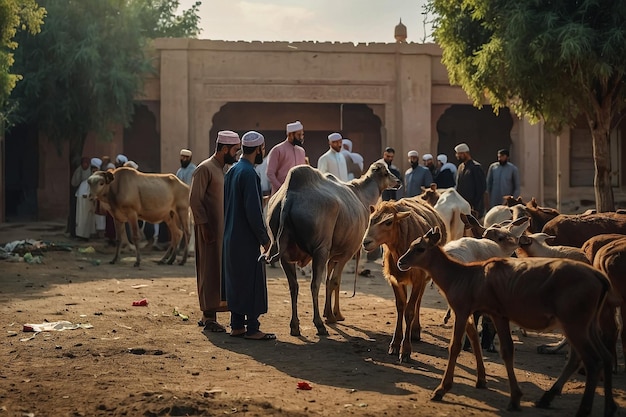 a group of men and horses are standing in front of a building with a man in a white shirt