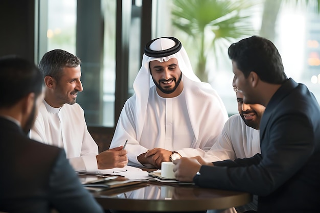 a group of men one with a black beard and short black hair sit at a round table in a restaurant they are engaged in conversation with one man wearing a white shirt