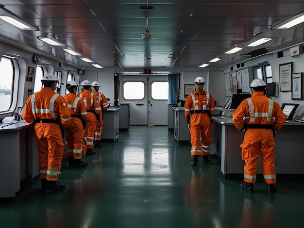 a group of men in orange suits stand in a train