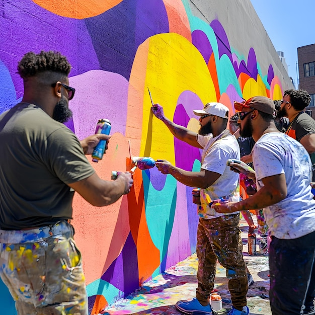 a group of men painting a rainbow colored wall