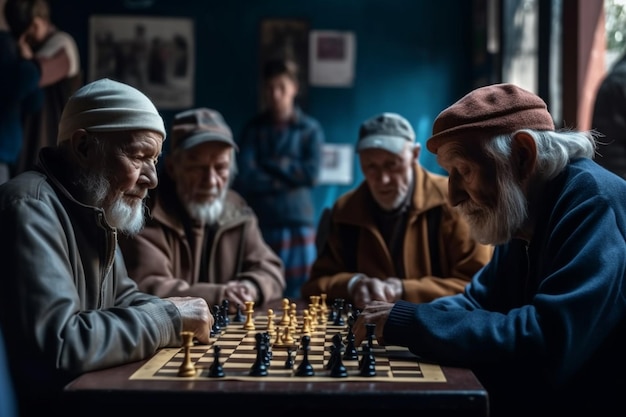 A group of men playing chess one of them has a blue background and the other has a blue background