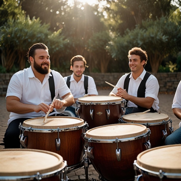 Photo a group of men playing drums with one wearing a white shirt