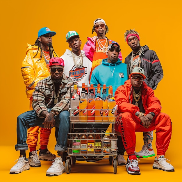 a group of men pose for a picture with a bottle of beer on it