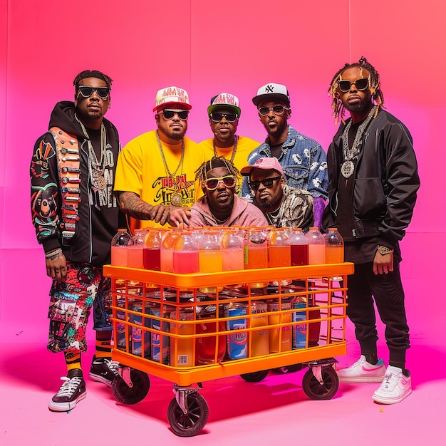 a group of men pose for a picture with a cart full of cans of soda