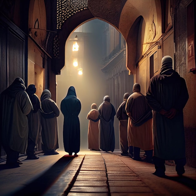 A group of men praying in a mosque at night