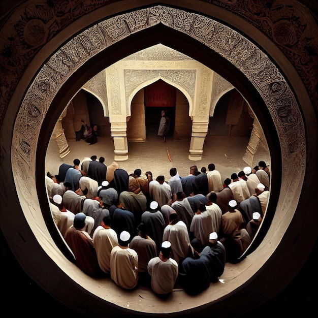 A group of men praying in a mosque