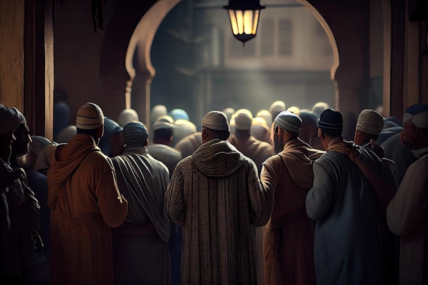 A group of men praying in a mosque