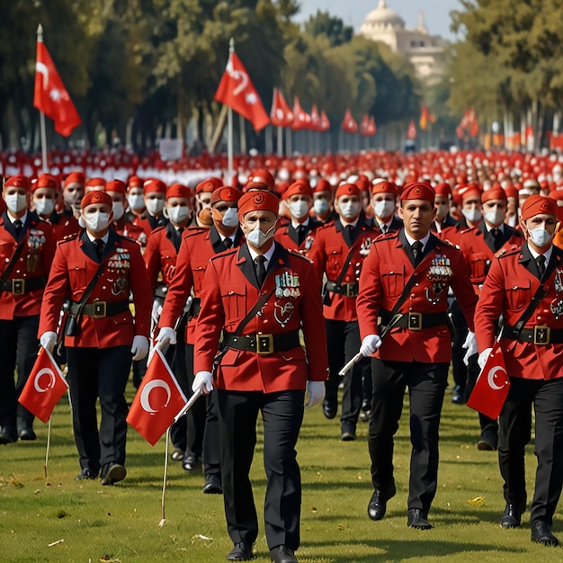 Photo a group of men in red uniforms with the flag on them